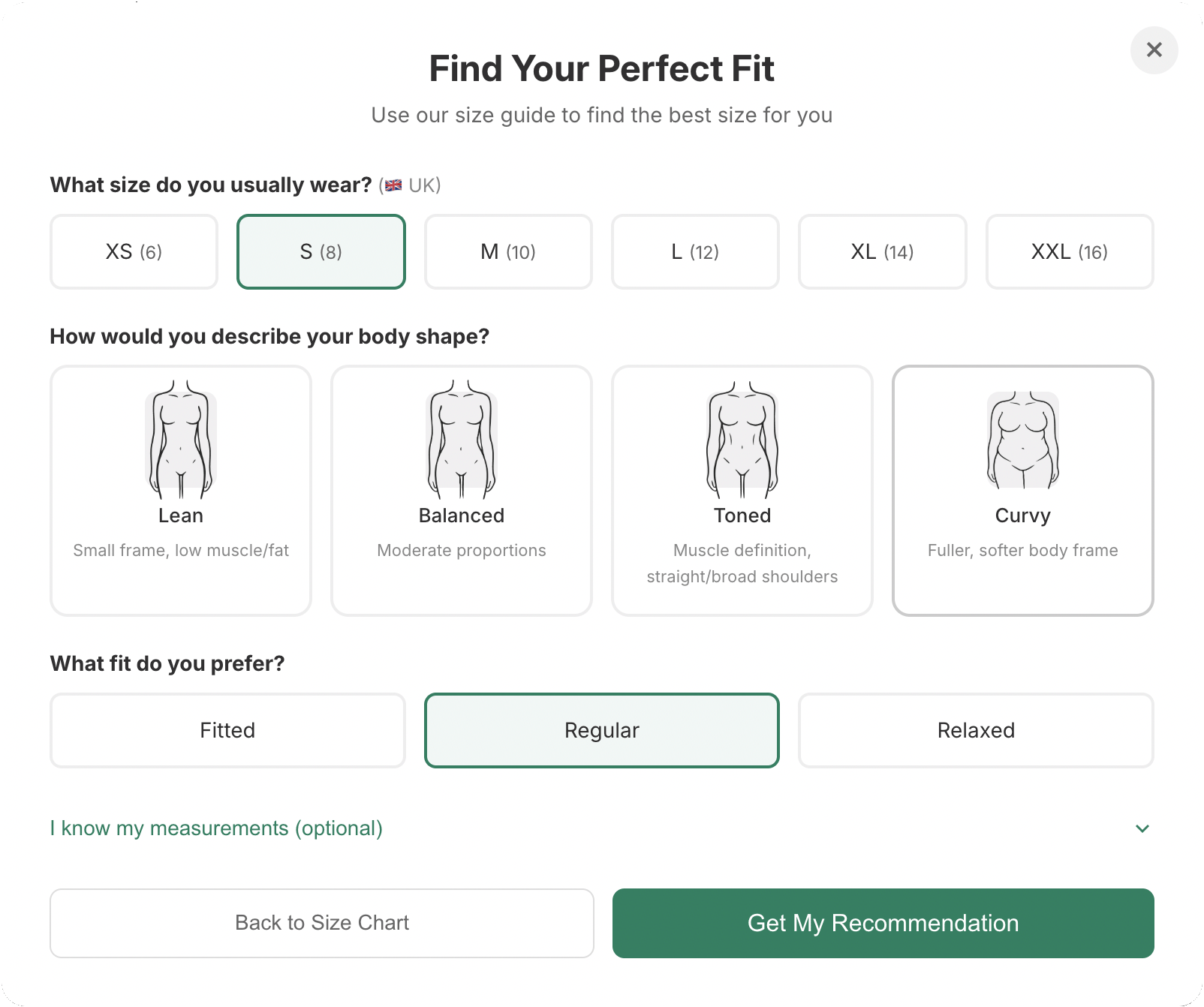Interactive size chart on a product page